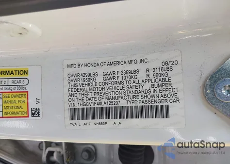 2020 Honda Accord Ex z USA, uszkodzony, nr VIN 1HGCV1F40LA125207